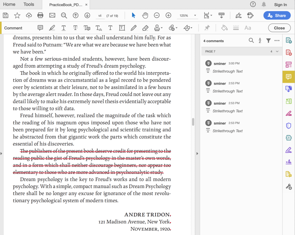 An example of the Strikethrough Text Tool. Four edits were made—one large deletion of a paragraph, along with the three small removals of a period at the end of the last three lines in this section.